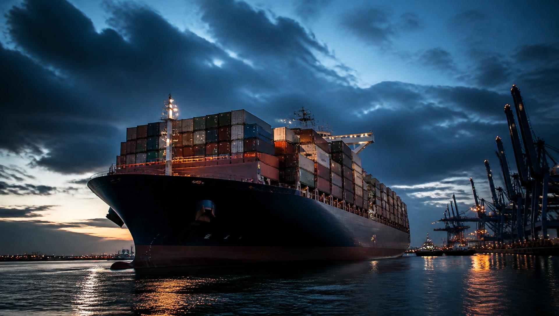 Container ship arriving at an international port at dusk